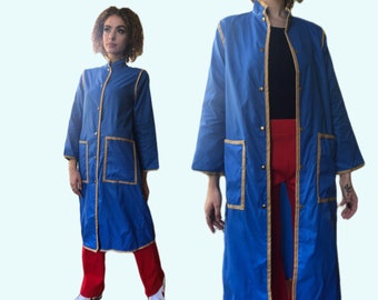 70's Vintage Mod Rain Slicker Minimalist Rain Coat In Blue Nylon