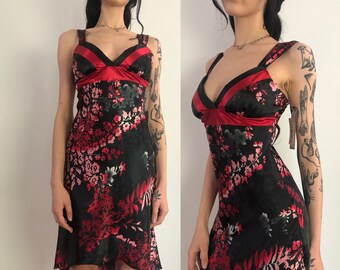 90's Vintage Black Red Pink Floral Satin Sleeveless Asymmetric Dress