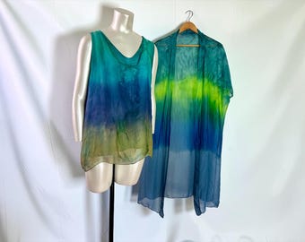 Vintage Hand Dyed Silk, Tie Dye Green / Blue Flowy Tank Top & Sheer Duster, 2-Piece Set Made In Italy