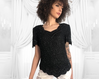 80s Beaded Black Silk Blouse Short Sleeves Evening Top Vintage Formalwear