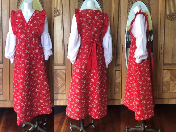 70's Quilted Dress In Red Calico Vintage Surplice… - image 10