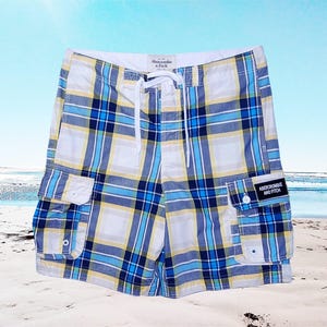 90s Vintage Abercrombie & Fitch Men's Shorts 1990s Plaid Swim Trunks Preppy Blue And White Checkered Shorts With Big Pockets Men's XL