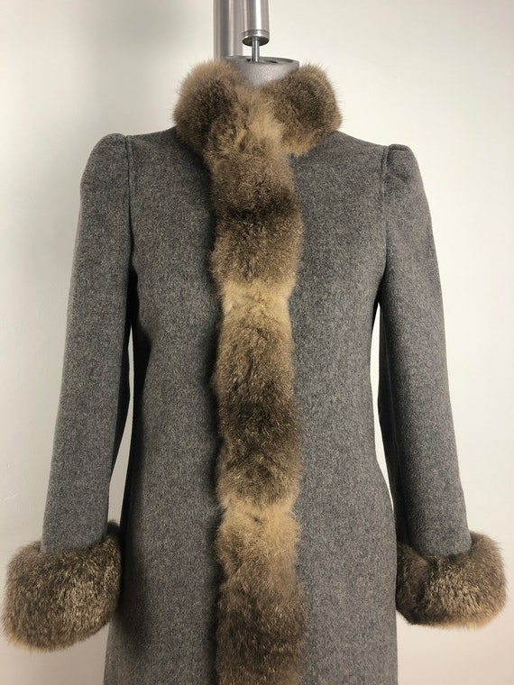 80's Fur Trimmed Fitted Full Length Brushed Wool … - image 6