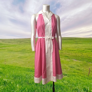 Vintage Pink & White Polka Dot Dress 80s Does 50s Collared Summer Dress Fit And Flare Belted Swing Sleeveless Brigitte Bardot Dress Style