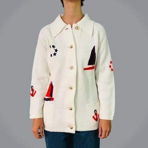 70s Vintage White Cardigan Sweater, Embroidered Nautical Leroy Knitwear, Sailboat Anchor Novelty Knit, Size M
