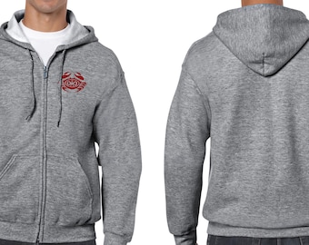 May include: A heather gray zip-up hoodie with a red crab logo on the front. The hoodie has a drawstring hood and a kangaroo pocket.