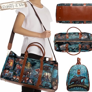May include: A blue and brown travel duffel bag with a collage of images from the movie Brave. The bag has a brown leather trim and a zipper closure. The bag has a large pocket on the front with the words "Be Brave" in gold lettering. The bag also has a smaller pocket on the front with the words "Be Brave for Destiny is Within" in white lettering.