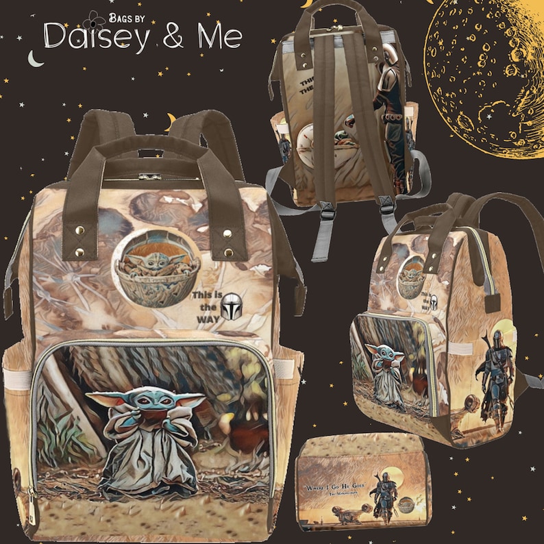 May include: A brown canvas backpack with a large image of a character from the Star Wars franchise, The Mandalorian, and the character Grogu, also known as Baby Yoda. The backpack has a large pocket on the front with the text "This is the Way" and a Mandalorian symbol. The backpack has two smaller pockets on the sides. The backpack has adjustable straps. The backpack is also available in a smaller size, shown in the image as a pencil case with the text "Where I Go He Goes".