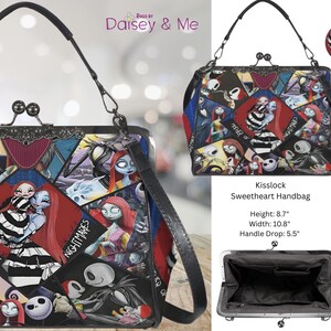 May include: Black handbag with a kisslock closure, featuring a patchwork design with characters from "The Nightmare Before Christmas." The bag has a black strap and the text "MOTHER OF NIGHTMARES." Dimensions: 22cm height, 27.4cm width, and 14cm handle drop.