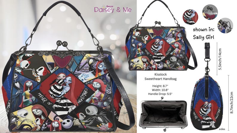 May include: Black handbag with a kisslock closure, featuring a patchwork design with characters from "The Nightmare Before Christmas." The bag has a black strap and the text "MOTHER OF NIGHTMARES." Dimensions: 22cm height, 27.4cm width, and 14cm handle drop.