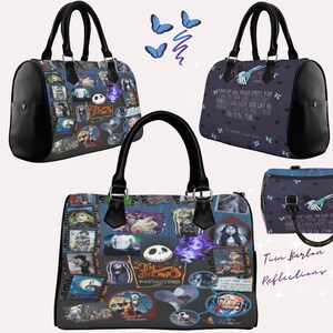 May include: A black and blue handbag with a collage of images from the movie "The Nightmare Before Christmas" by Tim Burton. The bag has a quote from the movie on the side: "Tour cup will never empty for while we are one with this candle I will light your way in darkness with this ring I ask you to be mine."