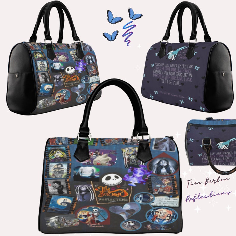 May include: A black and blue handbag with a collage of images from the movie "The Nightmare Before Christmas" by Tim Burton. The bag has a quote from the movie on the side: "Tour cup will never empty for while we are one with this candle I will light your way in darkness with this ring I ask you to be mine."