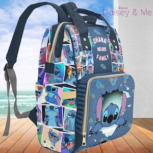 May include: A blue backpack with a collage of Stitch images. The backpack has a front pocket with Stitch bursting through, and the words "OHANA MEANS FAMILY" are printed on the top. It features adjustable straps and a top handle.