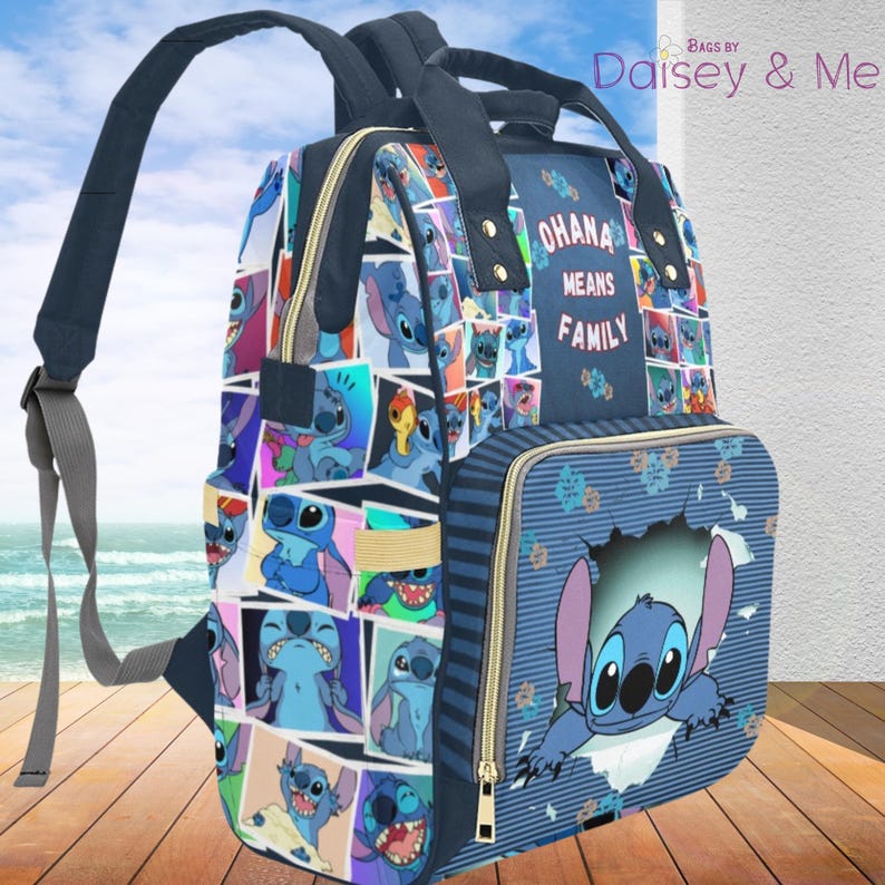 May include: A blue backpack with a collage of Stitch images. The backpack has a front pocket with Stitch bursting through, and the words "OHANA MEANS FAMILY" are printed on the top. It features adjustable straps and a top handle.