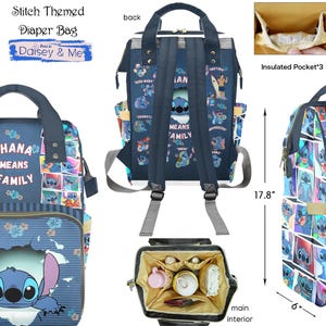 May include: A navy blue Stitch-themed diaper bag with multiple compartments, including an insulated pocket and mesh pocket. The front features the phrase "OHANA MEANS FAMILY" and a Stitch graphic. Dimensions are approximately 17.8 inches high and 11 inches wide.
