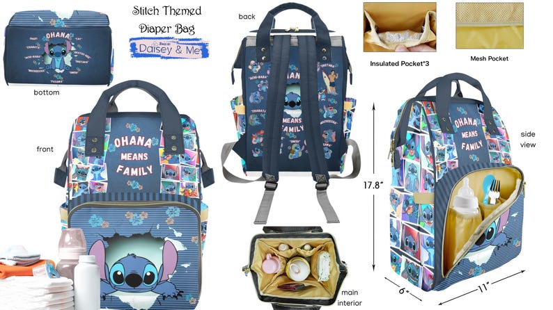May include: A navy blue Stitch-themed diaper bag with multiple compartments, including an insulated pocket and mesh pocket. The front features the phrase "OHANA MEANS FAMILY" and a Stitch graphic. Dimensions are approximately 17.8 inches high and 11 inches wide.