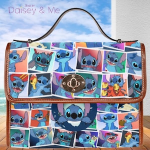 May include: A rectangular handbag featuring a collage of Stitch character images in various poses. The bag has a brown leather trim, a black handle, and a metal clasp. The background is a blue sky and ocean scene. The text "Bags by Daisey & Me" is visible.
