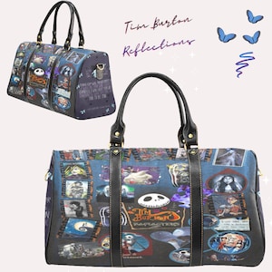 May include: A black and blue travel bag with a Tim Burton Reflections design. The bag features images from various Tim Burton films, including The Nightmare Before Christmas, Corpse Bride, and Beetlejuice. The bag has a black leather handle and a zipper closure.
