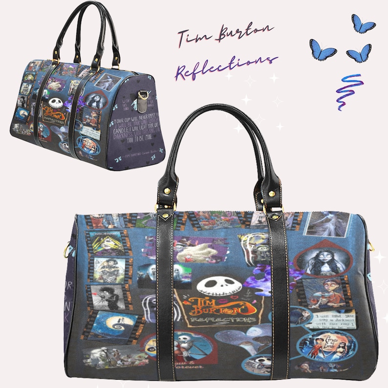May include: A black and blue travel bag with a Tim Burton Reflections design. The bag features images from various Tim Burton films, including The Nightmare Before Christmas, Corpse Bride, and Beetlejuice. The bag has a black leather handle and a zipper closure.
