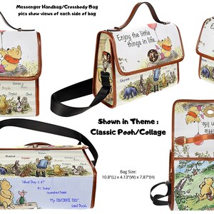 May include: A Winnie the Pooh themed crossbody bag with a brown strap and a white background. The bag features a collage of Winnie the Pooh characters and the quote "Enjoy the little things in life." The bag measures 10.8 inches long, 4.13 inches wide, and 7.87 inches high.
