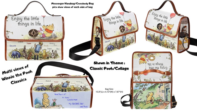 May include: A Winnie the Pooh themed crossbody bag with a brown strap and a white background. The bag features a collage of Winnie the Pooh characters and the quote "Enjoy the little things in life." The bag measures 10.8 inches long, 4.13 inches wide, and 7.87 inches high.