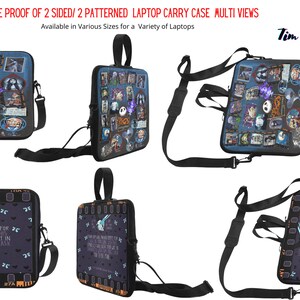 May include: A black laptop carrying case with a zipper closure. The front panel features a collage of images from the movie The Nightmare Before Christmas. The back panel features a quote from the movie. The case is shown in multiple views.