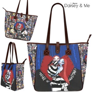 May include: Tote bag with a collage of characters and scenes. The central design features a character with red hair and a striped dress, embraced by another character, set against a blue backdrop. The bag has brown handles.