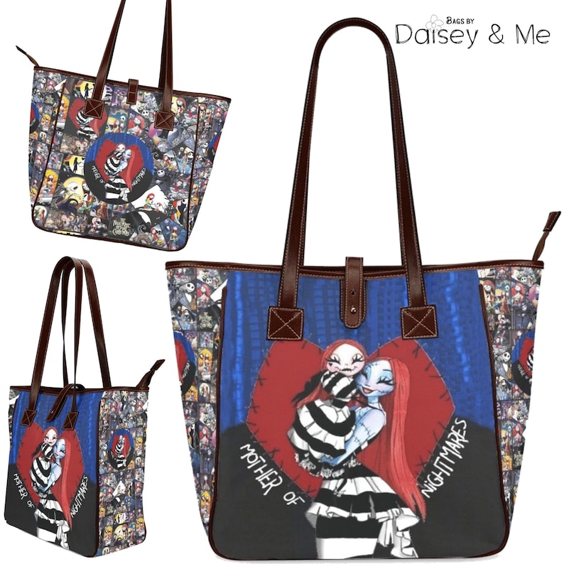May include: Tote bag with a collage of characters and scenes. The central design features a character with red hair and a striped dress, embraced by another character, set against a blue backdrop. The bag has brown handles.