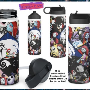 May include: Three 18 ounce double-walled stainless steel water bottles with a Nightmare Before Christmas design. The bottles have a black lid with a straw and a black carrying handle. The text on the image reads "18 oz double walled Stainless Steel Sipping Straw Lid for Hot or Cold".