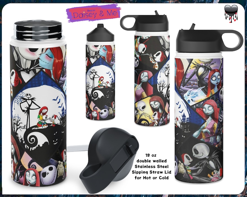 May include: Three 18 ounce double-walled stainless steel water bottles with a Nightmare Before Christmas design. The bottles have a black lid with a straw and a black carrying handle. The text on the image reads "18 oz double walled Stainless Steel Sipping Straw Lid for Hot or Cold".