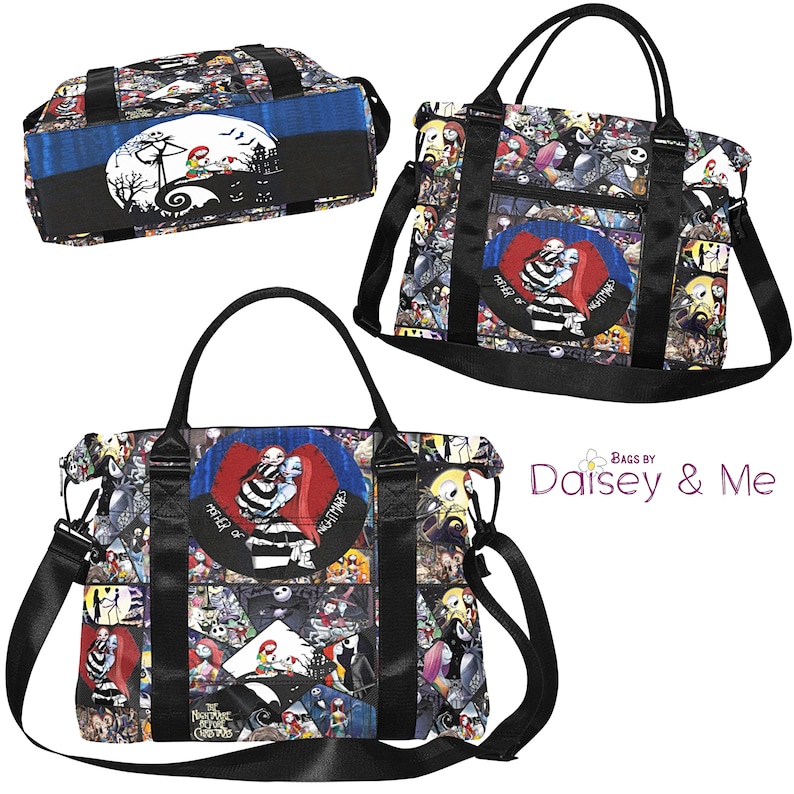 May include: A black tote bag with a colorful patchwork design featuring characters from The Nightmare Before Christmas. The bag has a black strap and a large heart-shaped patch with Jack Skellington and Sally. The text "The Nightmare Before Christmas" is visible on the bottom of the bag.