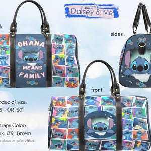 May include: A blue travel bag featuring a collage of Stitch character images. The bag has black handles and straps, with the words "OHANA MEANS FAMILY" on the front. Available in 18 or 20 inches.