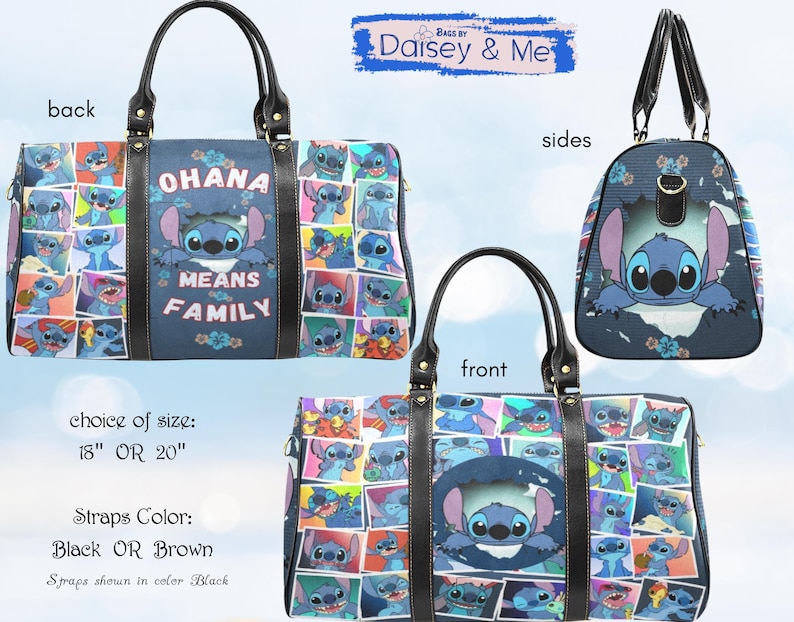 May include: A blue travel bag featuring a collage of Stitch character images. The bag has black handles and straps, with the words "OHANA MEANS FAMILY" on the front. Available in 18 or 20 inches.