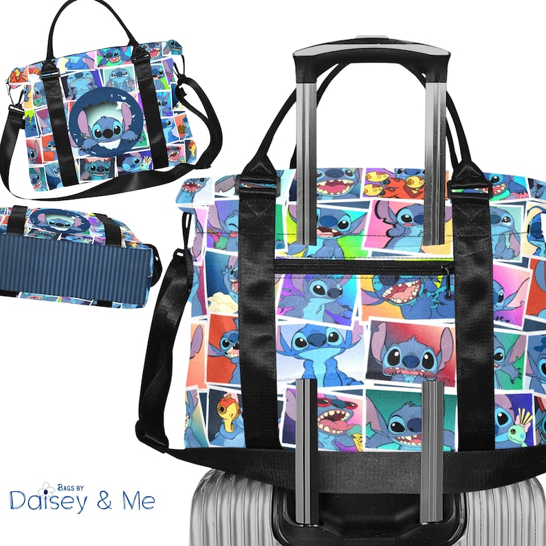 May include: A set of travel bags featuring a collage of Stitch from Lilo & Stitch. The bags include a tote bag with a black handle and shoulder strap, and a smaller bag with a blue striped bottom. The bags are from Daisey & Me.