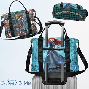 May include: Three travel bags with a fantasy theme. One is a tote bag with a black strap and the words "Be Brave". Another is a duffel bag with a plaid pattern and the words "Be Brave for Destiny is Within". The third is a tote bag with a character in a blue dress.