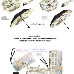 May include: Two Winnie the Pooh themed umbrellas with a yellow background and black handles. The umbrellas are 37 inches in size and have anti-UV fabric. The umbrellas are semi-automatic and have rubber grip handles. A Winnie the Pooh themed clutch style wallet with a wrist strap is also shown. The wallet is 4 inches in size and has a two-sided theme pattern with a chalk scene on both sides.