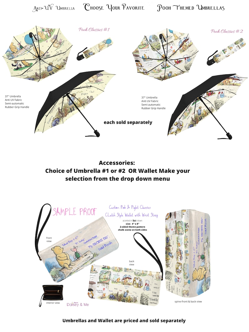 May include: Two Winnie the Pooh themed umbrellas with a yellow background and black handles. The umbrellas are 37 inches in size and have anti-UV fabric. The umbrellas are semi-automatic and have rubber grip handles. A Winnie the Pooh themed clutch style wallet with a wrist strap is also shown. The wallet is 4 inches in size and has a two-sided theme pattern with a chalk scene on both sides.