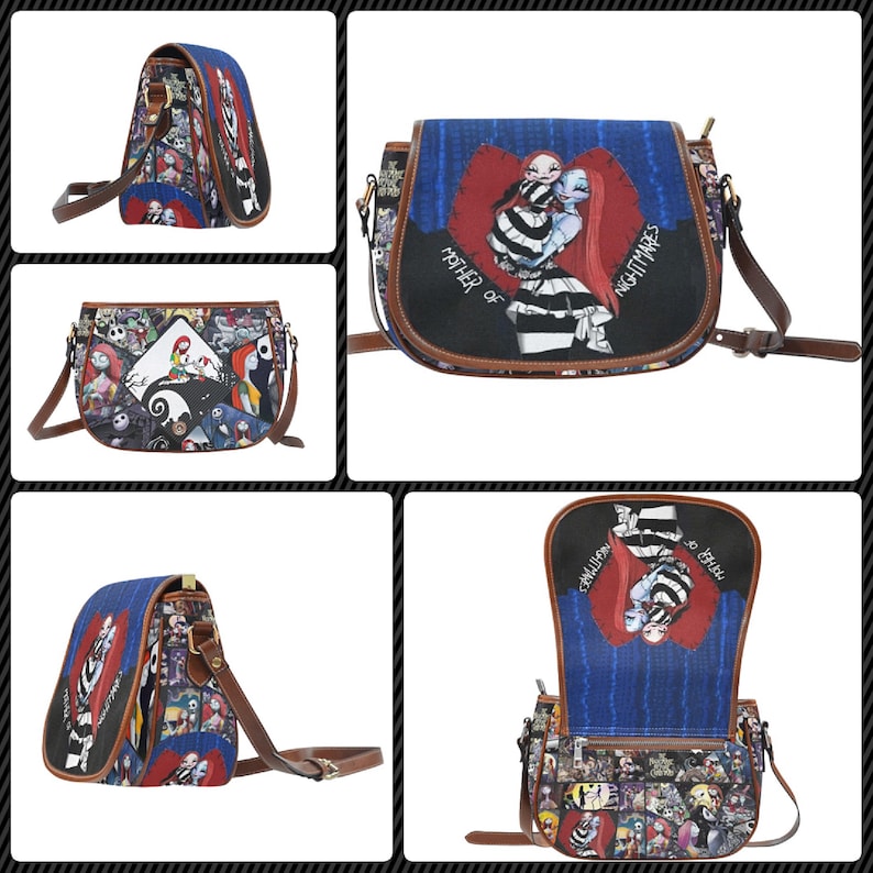 May include: A blue and brown crossbody bag featuring characters from The Nightmare Before Christmas. The bag has a flap with an illustration of Sally and Jack Skellington. The bag has a brown strap and trim.