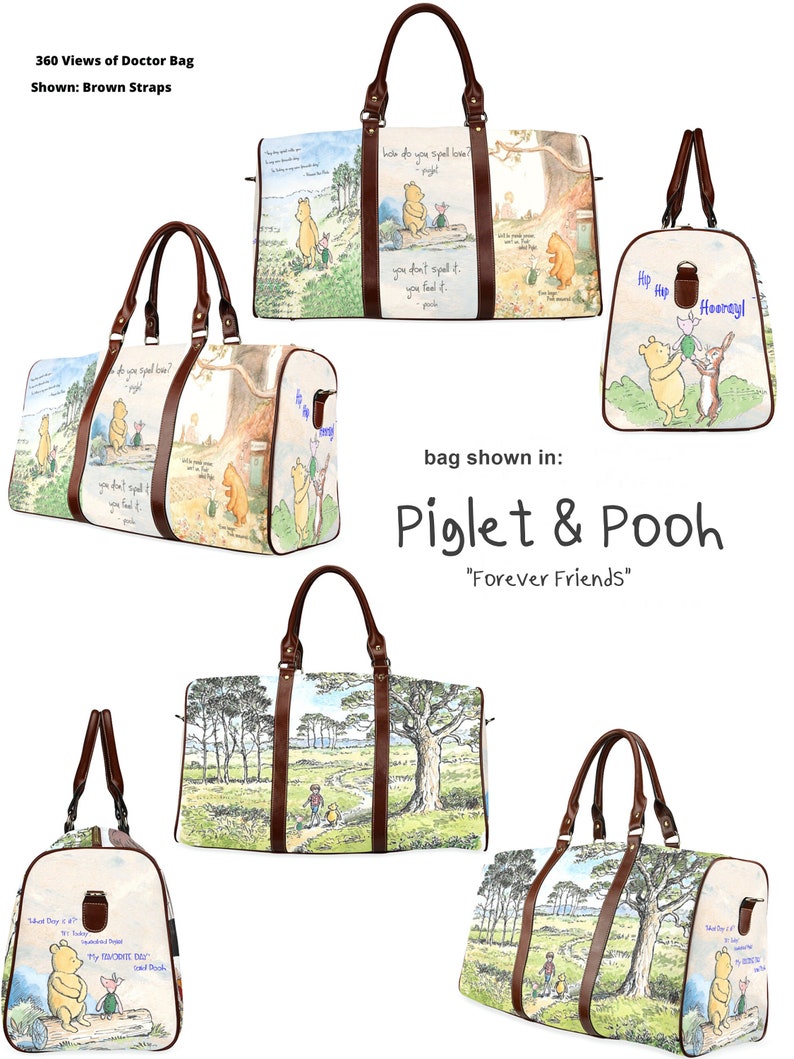 May include: A Winnie the Pooh and Piglet themed doctor bag with brown leather straps. The bag features illustrations of Winnie the Pooh and Piglet from the book. The bag has a zipper closure and a top handle. The bag is shown in multiple views.