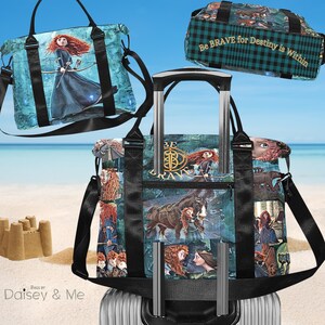 May include: A set of three bags featuring a green and blue plaid design with a print of a character from the movie Brave. The text "Be Brave for Destiny is Within" is printed on the bag. The bags include a small tote bag, a large tote bag, and a rolling suitcase.