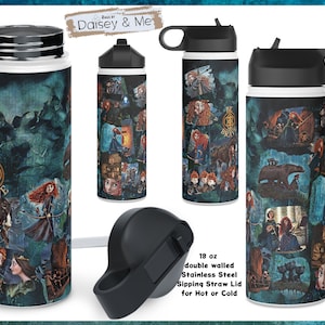 May include: A stainless steel water bottle with a black lid and a straw. The bottle is 18 ounces and has a double-walled design. The bottle is decorated with a collage of images from the movie Brave, including Merida, the bear, and the castle. The text "Be Brave" is featured on the bottle.