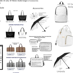K&ouml;nnte beinhalten: Eine Auswahl an Taschen und Accessoires wird vor einem wei&szlig;en Hintergrund gezeigt. Die Taschen umfassen eine Reisetasche, Einkaufstaschen, Rucks&auml;cke, eine Satteltasche, eine Laptoptasche, eine Clutch, eine Brieftasche zum Falten und eine Geldb&ouml;rse mit langem Trageriemen. Das Zubeh&ouml;r umfasst einen 94 cm langen Regenschirm und eine schlanke Tasche mit 28 cm.