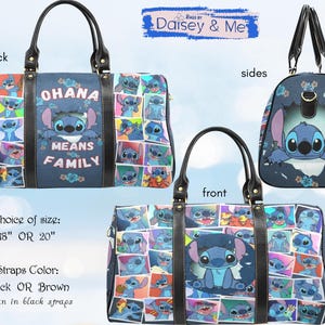 May include: A blue travel bag featuring a collage of Stitch images. The bag has black straps and handles, with the words "OHANA MEANS FAMILY" on the front. Available in 18 or 20 inch sizes.