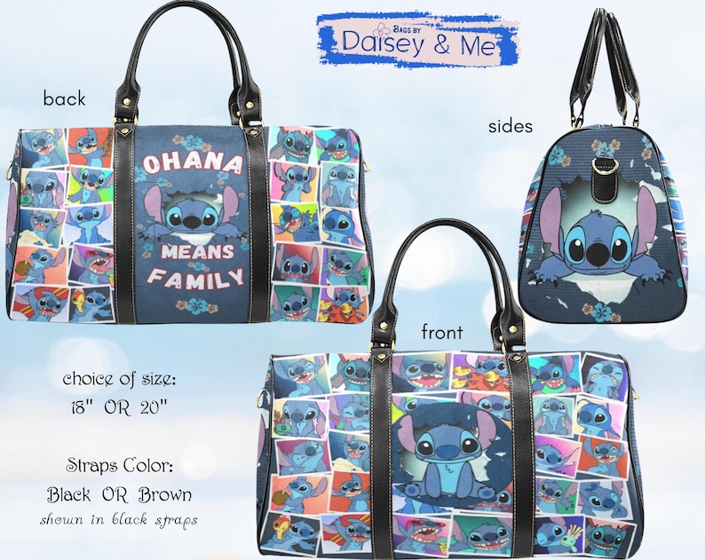 May include: A blue travel bag featuring a collage of Stitch images. The bag has black straps and handles, with the words "OHANA MEANS FAMILY" on the front. Available in 18 or 20 inch sizes.