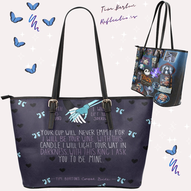 May include: A dark blue tote bag with a black handle and a white design featuring a skeleton couple holding hands. The design includes the text "Your cup will never empty. For I will be your wine. With this candle I will light your way in darkness. With this ring I ask you to be mine." and "Tim Burton's Corpse Bride".