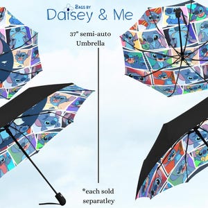May include: Two semi-auto umbrellas, 37 inches in length, featuring Stitch from Lilo & Stitch. One umbrella has Stitch in the center, the other has a collage of Stitch images. Both have black canopies and are sold separately.