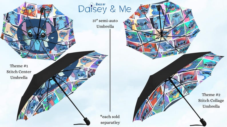 May include: Two semi-auto umbrellas, 37 inches in length, featuring Stitch from Lilo & Stitch. One umbrella has Stitch in the center, the other has a collage of Stitch images. Both have black canopies and are sold separately.