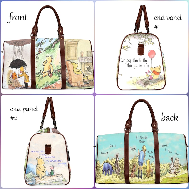 Puede incluir: Una bolsa de viaje con tem&aacute;tica de Winnie de Pooh con asas de cuero marr&oacute;n y cierre de cremallera. La parte delantera de la bolsa presenta una escena de Winnie de Pooh y Piglet caminando por el bosque. La parte trasera de la bolsa presenta una escena de Winnie de Pooh y sus amigos. Los paneles laterales de la bolsa presentan citas de Winnie de Pooh.
