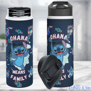 May include: Two stainless steel water bottles with a dark blue background and a cartoon character design. The bottles feature the text "OHANA MEANS FAMILY" and images of the character Stitch. One bottle has a black lid, and the other has a silver lid.