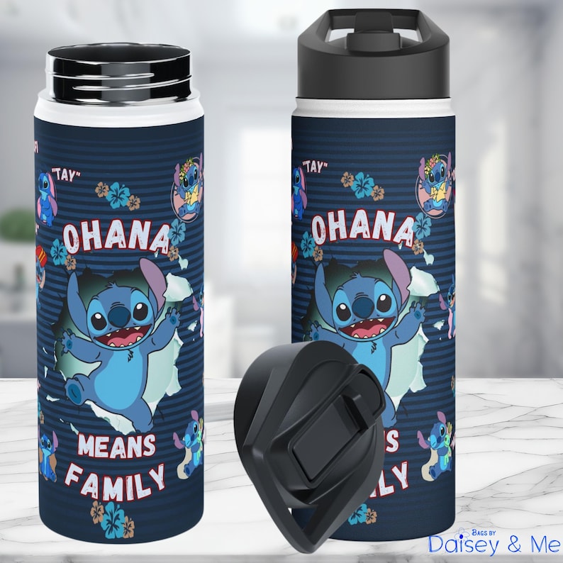 May include: Two stainless steel water bottles with a dark blue background and a cartoon character design. The bottles feature the text "OHANA MEANS FAMILY" and images of the character Stitch. One bottle has a black lid, and the other has a silver lid.
